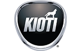 Kioti shield logo featuring silver outline and a wolf silhouette above bold white text